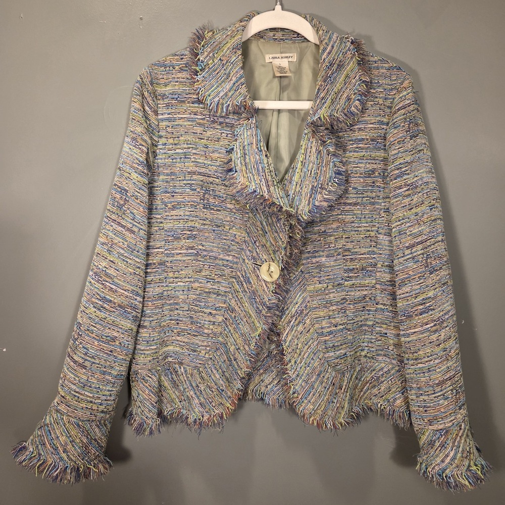 Laura Ashley Vintage Tweed Fringe Blazer Jacket, Women's Size L, Green Multi
